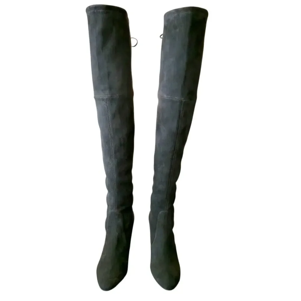 Iconic Stuart Weitzman Tieland Slate Gray Suede Over The Knee Boot 7W Thigh ASO